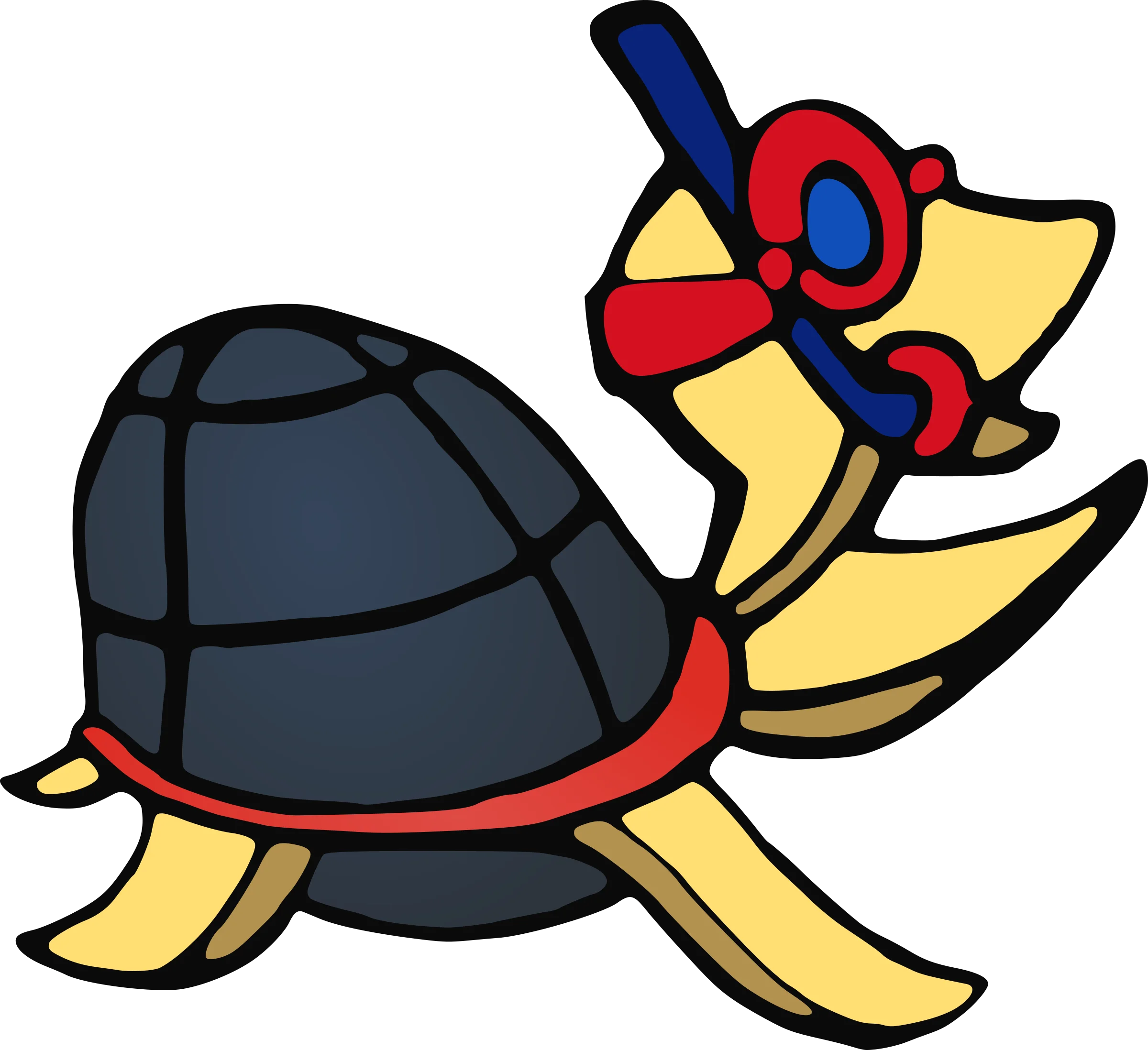 Playful Cartoon Turtle Clipart Design with Bold Color Blocking and Stylized Shell