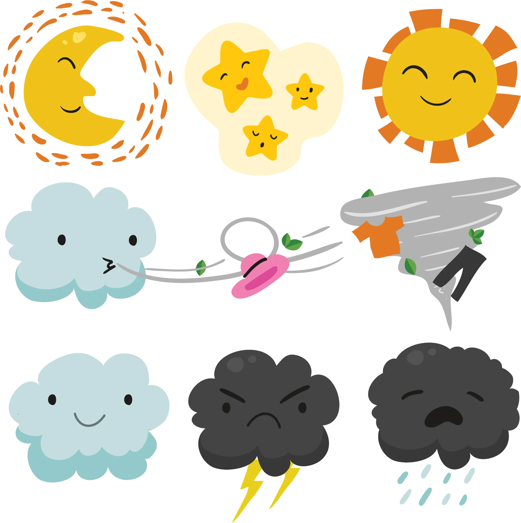 Adorable Whimsical Weather Elements Cartoon Clipart Collection for Kids