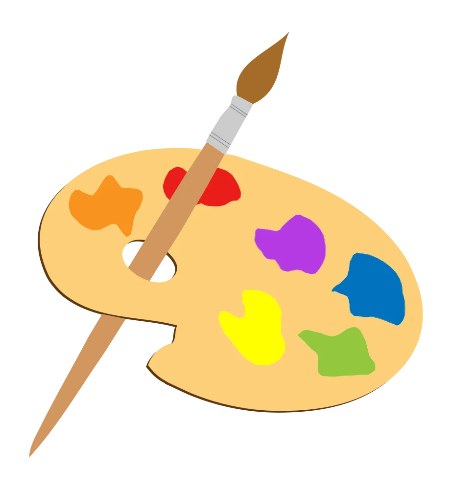 Artistic Wooden Palette with Colorful Paint Blobs and Classic Paintbrush Clipart Design