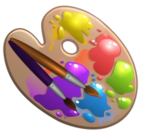 Artist's Classic Wooden Palette with Colorful Paint Blobs and Paintbrush Clipart Design
