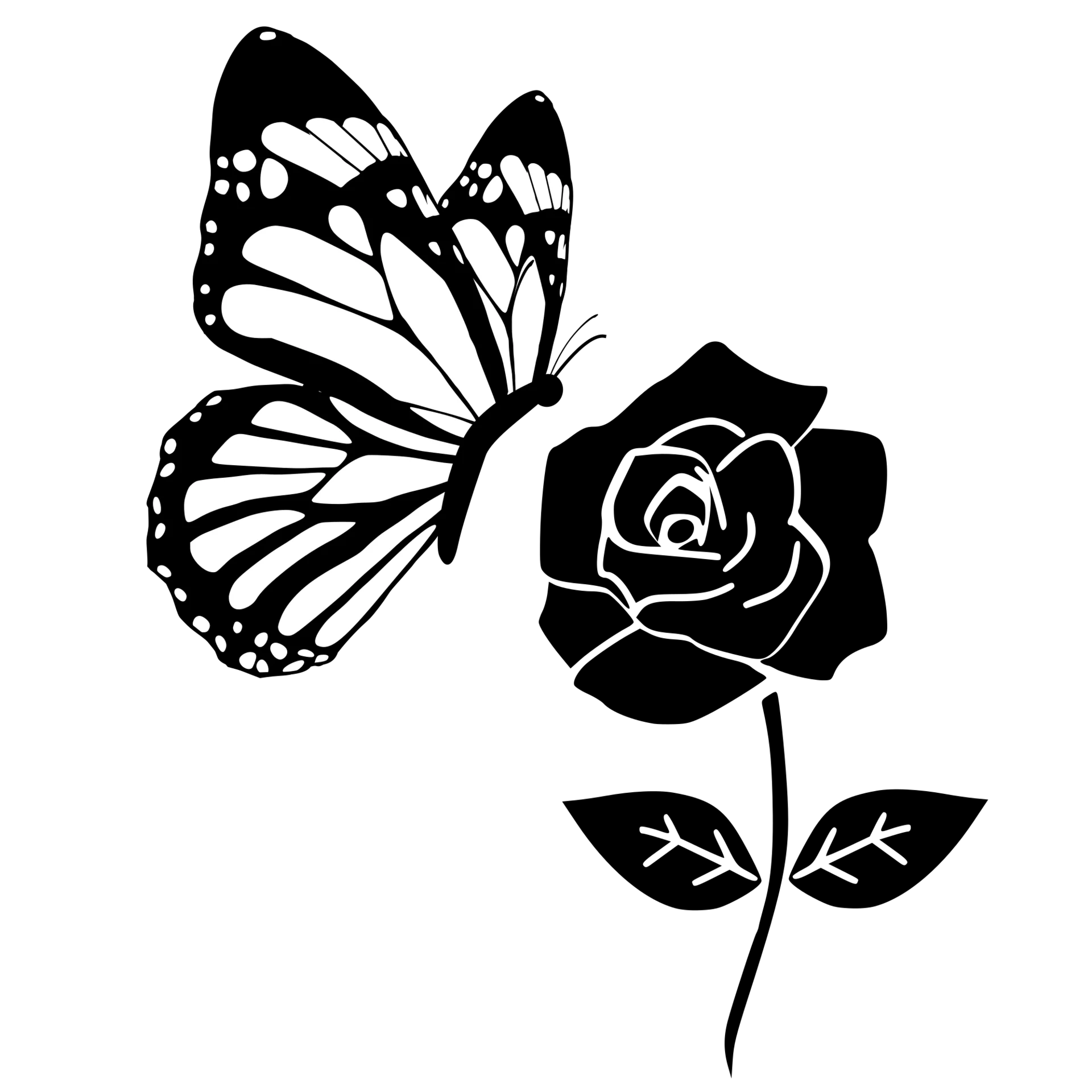 Elegant Black and White Monarch Butterfly and Rose Clipart Design