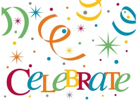 Festive Celebrate Clipart Design with Colorful Starbursts and Playful Typography