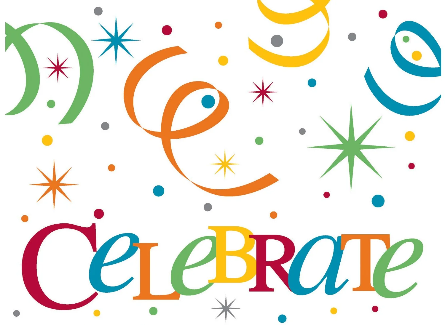 Festive Celebrate Clipart Design with Colorful Starbursts and Playful Typography