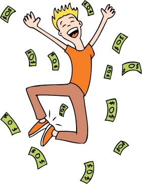 Joyful Cartoon Character Leaping with Cash Falling Around Clipart Illustration
