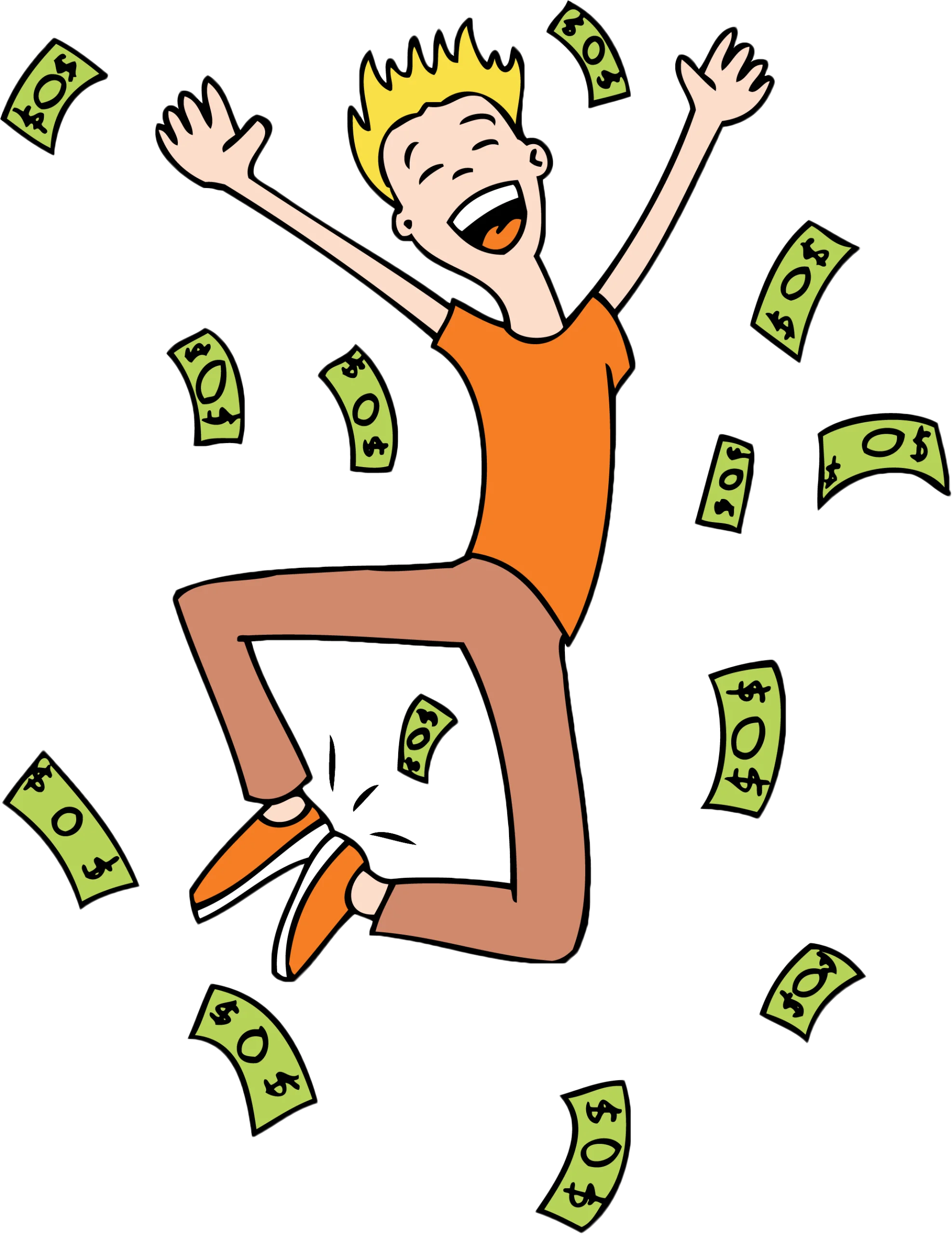 Joyful Cartoon Character Leaping with Cash Falling Around Clipart Illustration