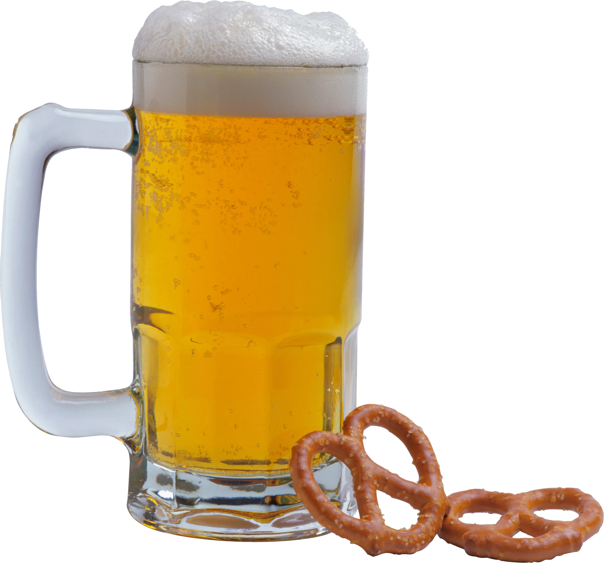 Refreshing Golden Beer Mug Clipart with Crispy Braided Pretzels on White Background