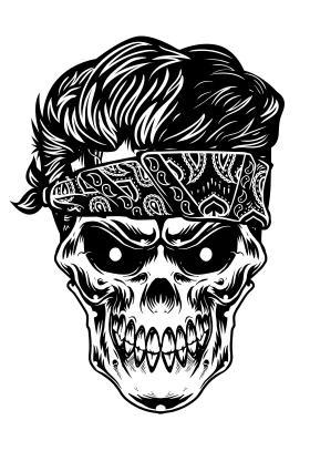 Monochrome Skull Clipart with Edgy Bandana and Stylized Hairstyle Design