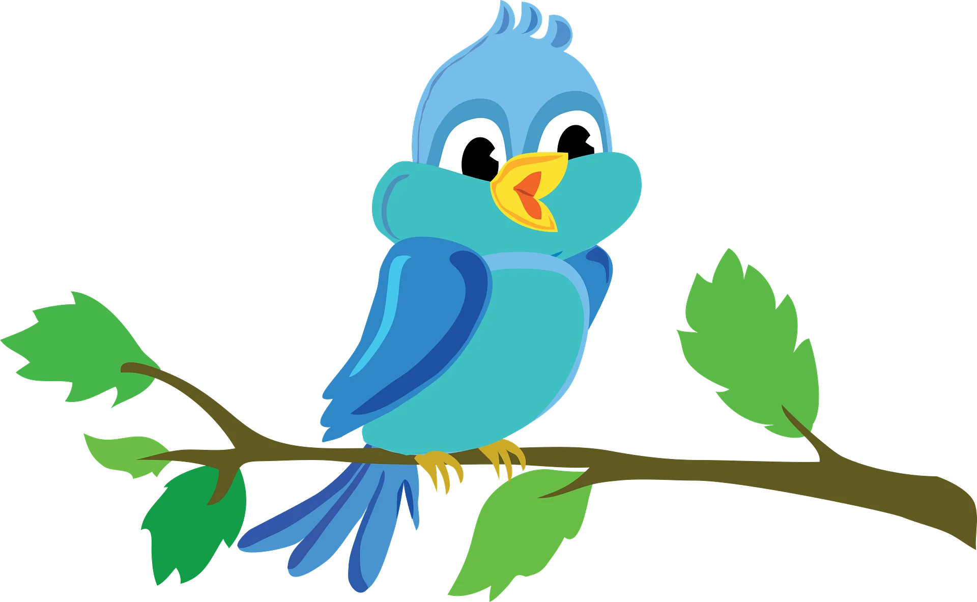 Adorable Blue Cartoon Bird Perched on a Leafy Branch Clipart Illustration