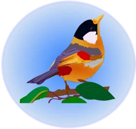 Colorful Stylized Songbird Perched on Green Leaves Clipart Illustration