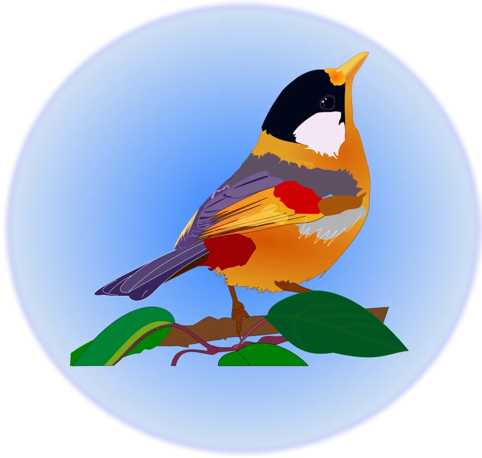 Colorful Stylized Songbird Perched on Green Leaves Clipart Illustration