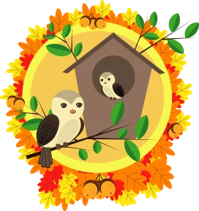 Whimsical Autumn Woodland Owl Birdhouse Clipart Design with Warm Tones