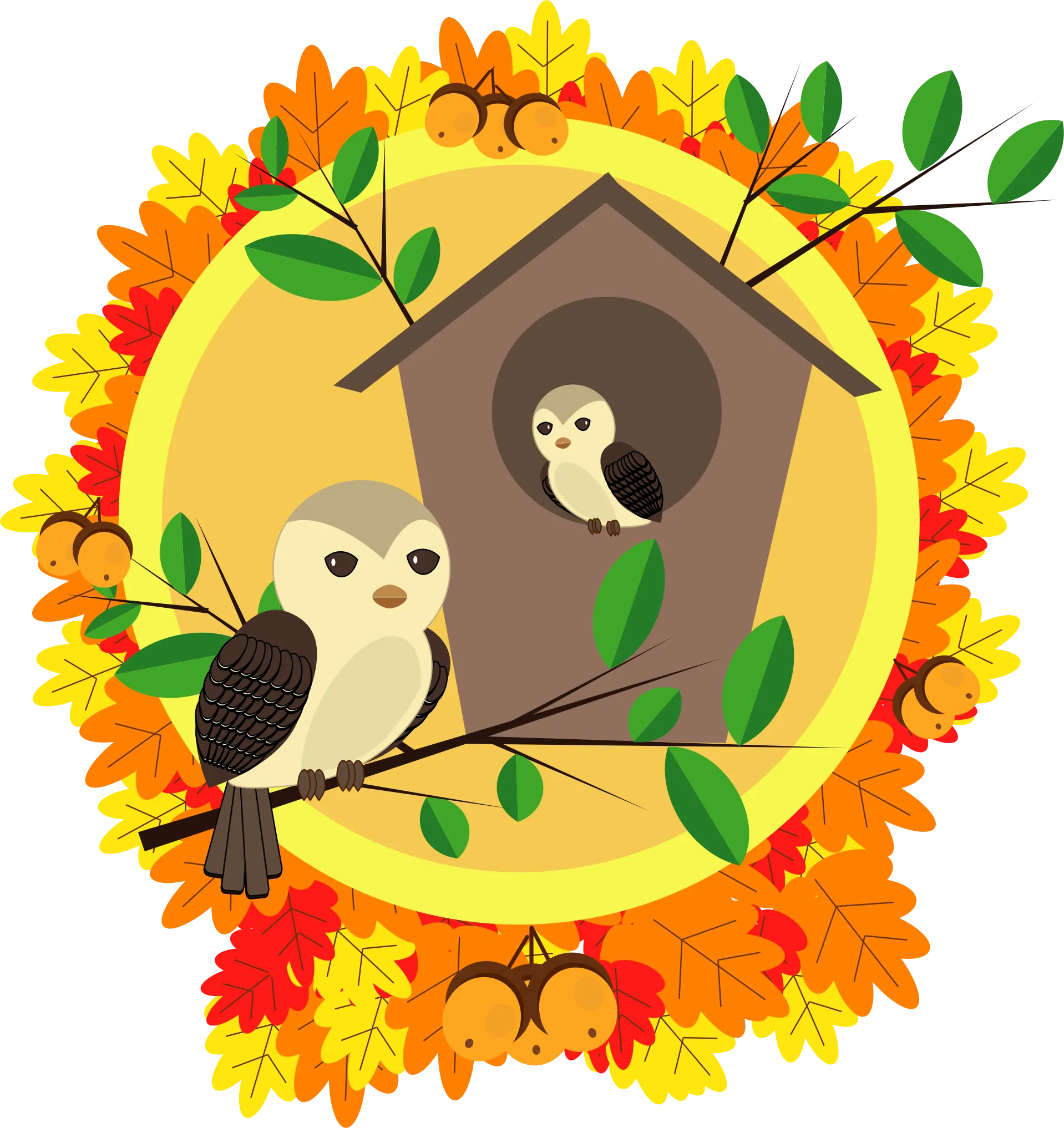 Whimsical Autumn Woodland Owl Birdhouse Clipart Design with Warm Tones