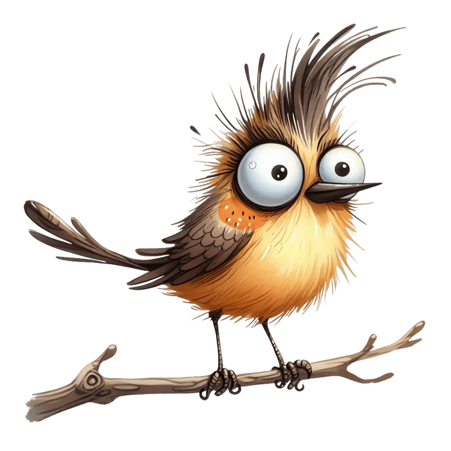 Whimsical Cartoon Bird Clipart with Wild Feathered Hairstyle and Bulging Eyes