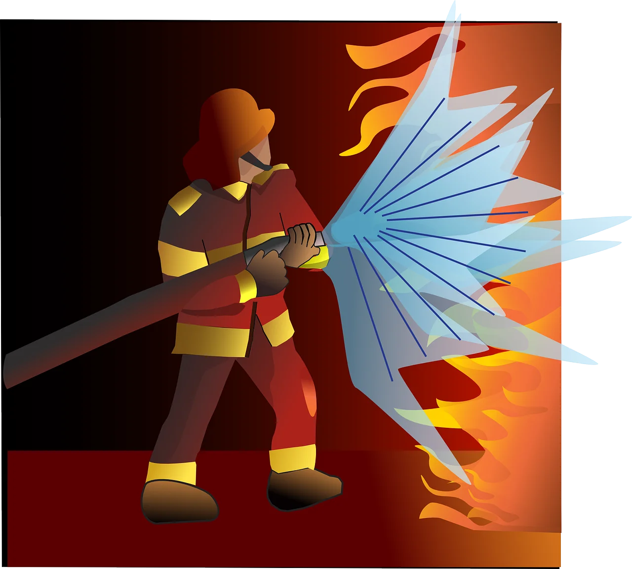 Brave Firefighter Battling Intense Flames with Water Spray Clipart Illustration