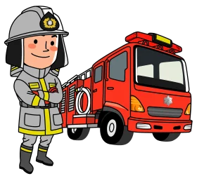 Brave Firefighter in Protective Gear Standing Beside Bright Red Emergency Vehicle Clipart