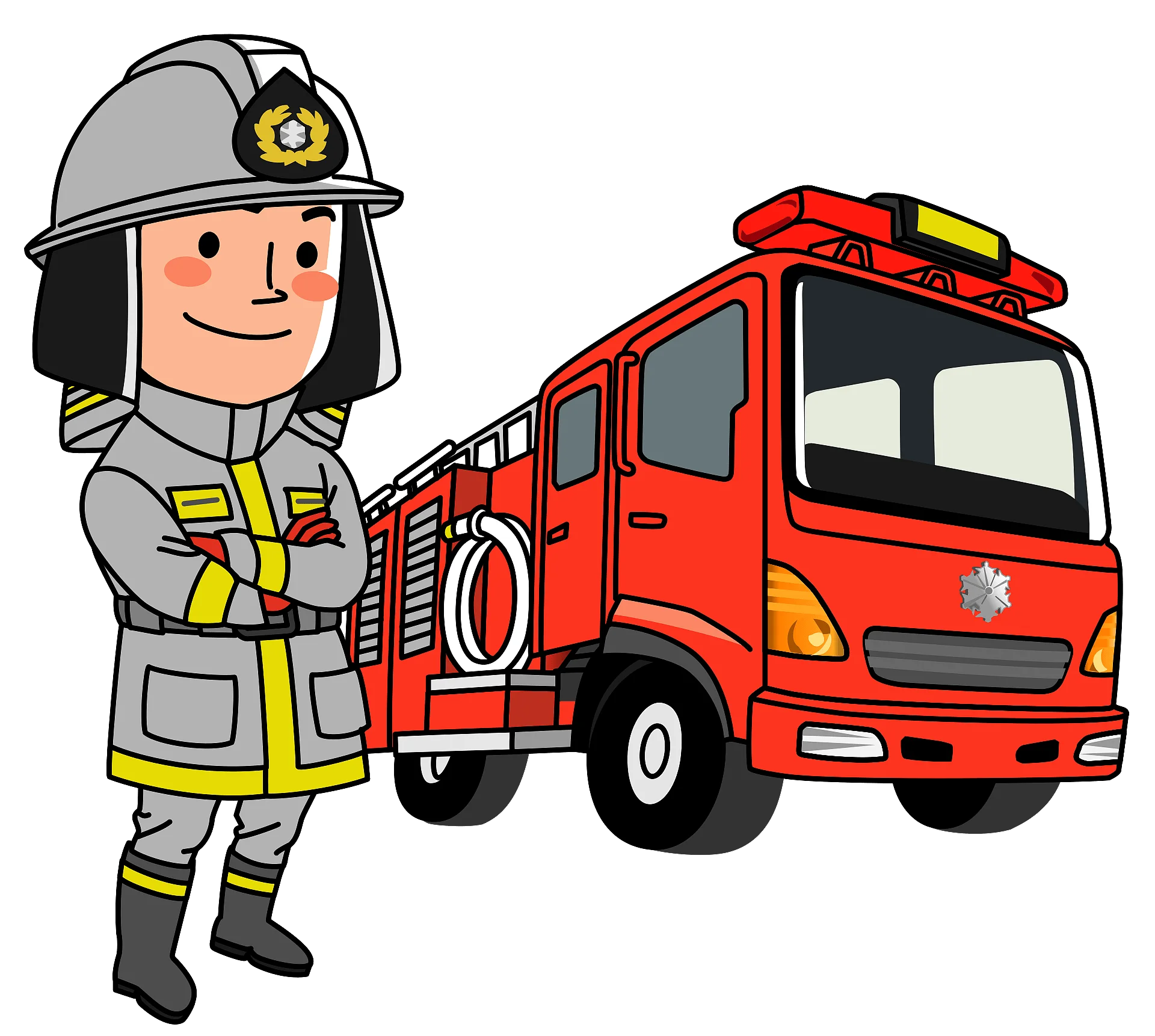 Brave Firefighter in Protective Gear Standing Beside Bright Red Emergency Vehicle Clipart