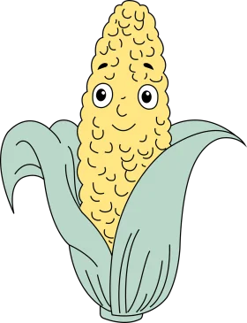 Cheerful Cartoon Corn Clipart with Adorable Expressive Eyes and Leafy Husks