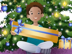 Cheerful Child Unwrapping a Festive Christmas Gift Clipart Illustration