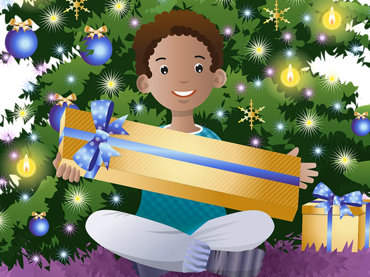 Cheerful Child Unwrapping a Festive Christmas Gift Clipart Illustration