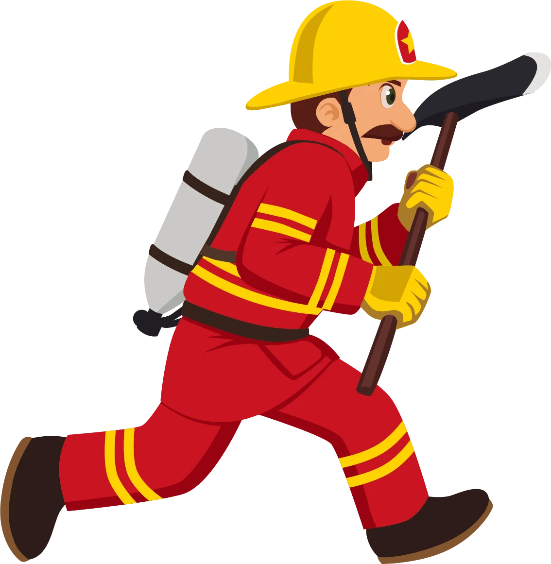 Heroic Firefighter Running with Hose and Equipment Cartoon Clipart Design