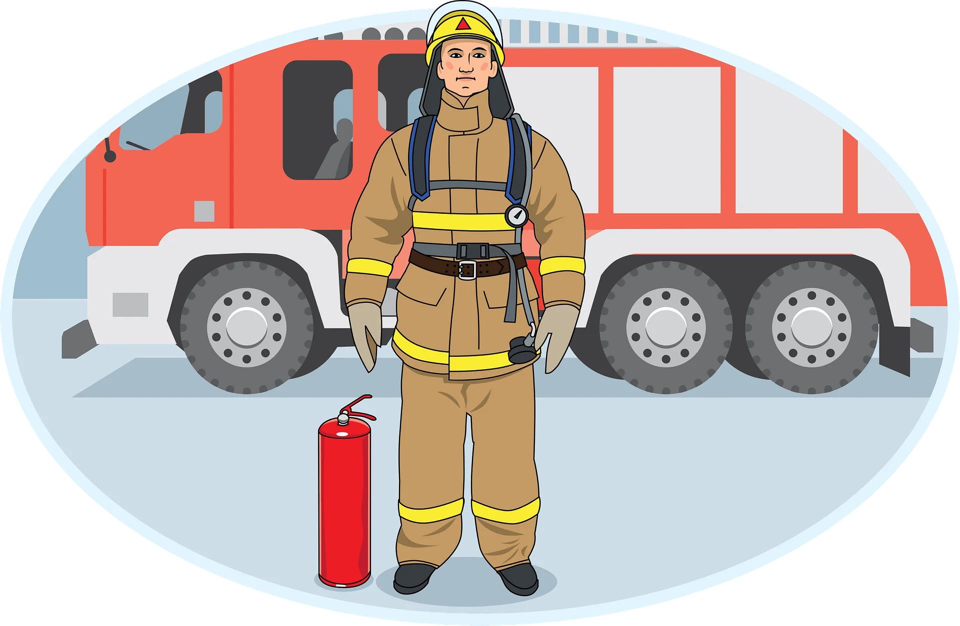 Professional Firefighter Standing Heroically Next to Fire Truck Clipart Illustration
