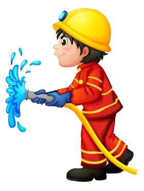Young Firefighter in Action with Water Hose Cartoon Clipart Illustration