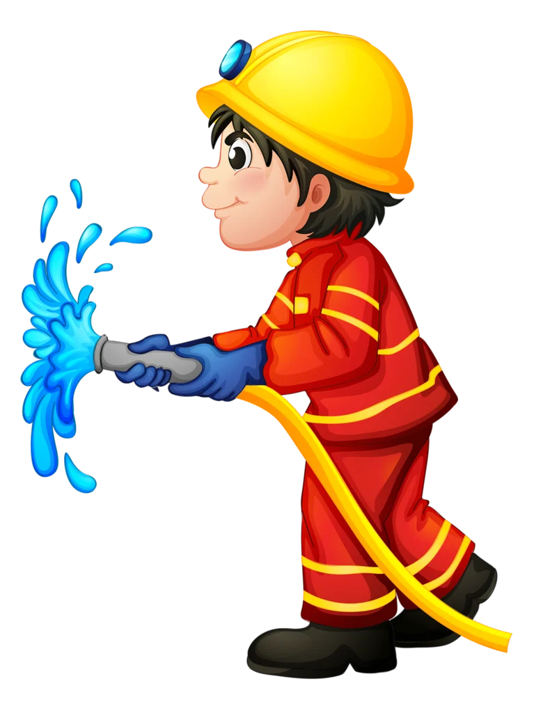 Young Firefighter in Action with Water Hose Cartoon Clipart Illustration