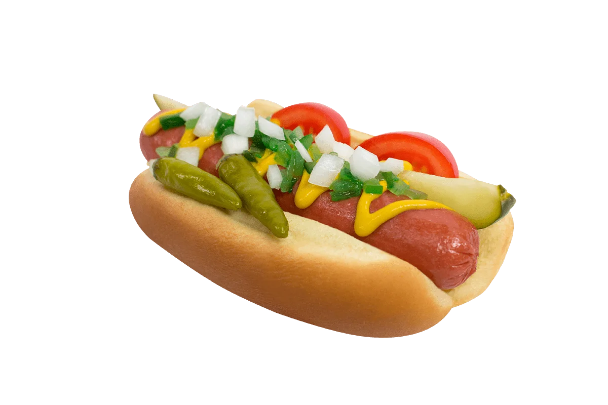 Classic American Hot Dog Clipart with Fresh Colorful Toppings on Soft Bun
