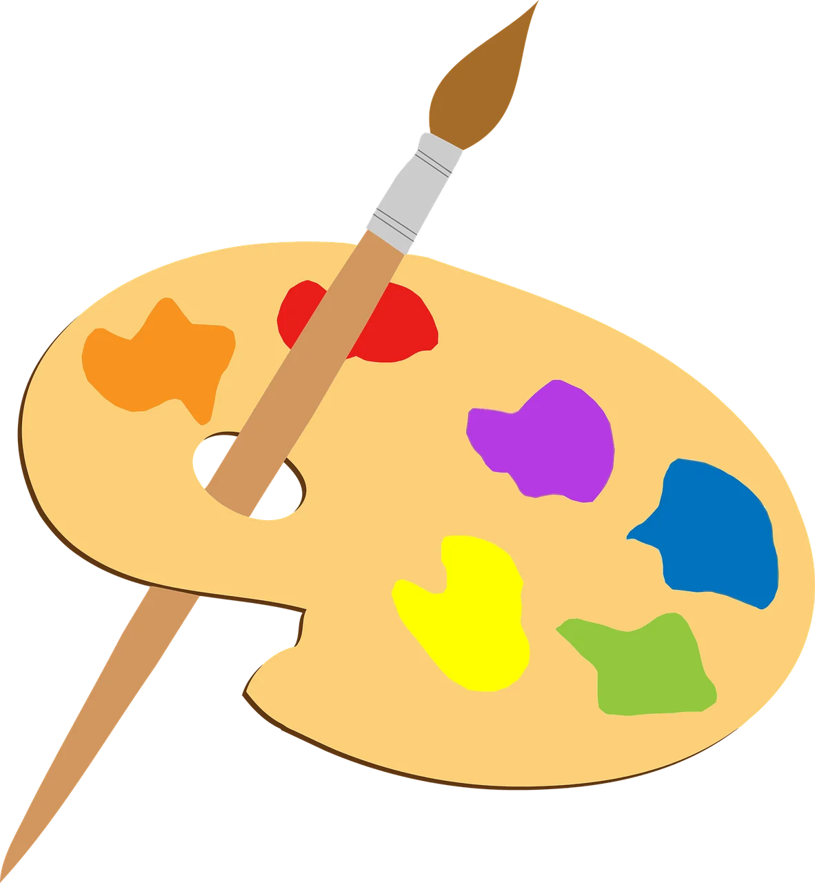 Classic Artist's Paint Palette and Wooden Brush Clipart Design with Colorful Spots