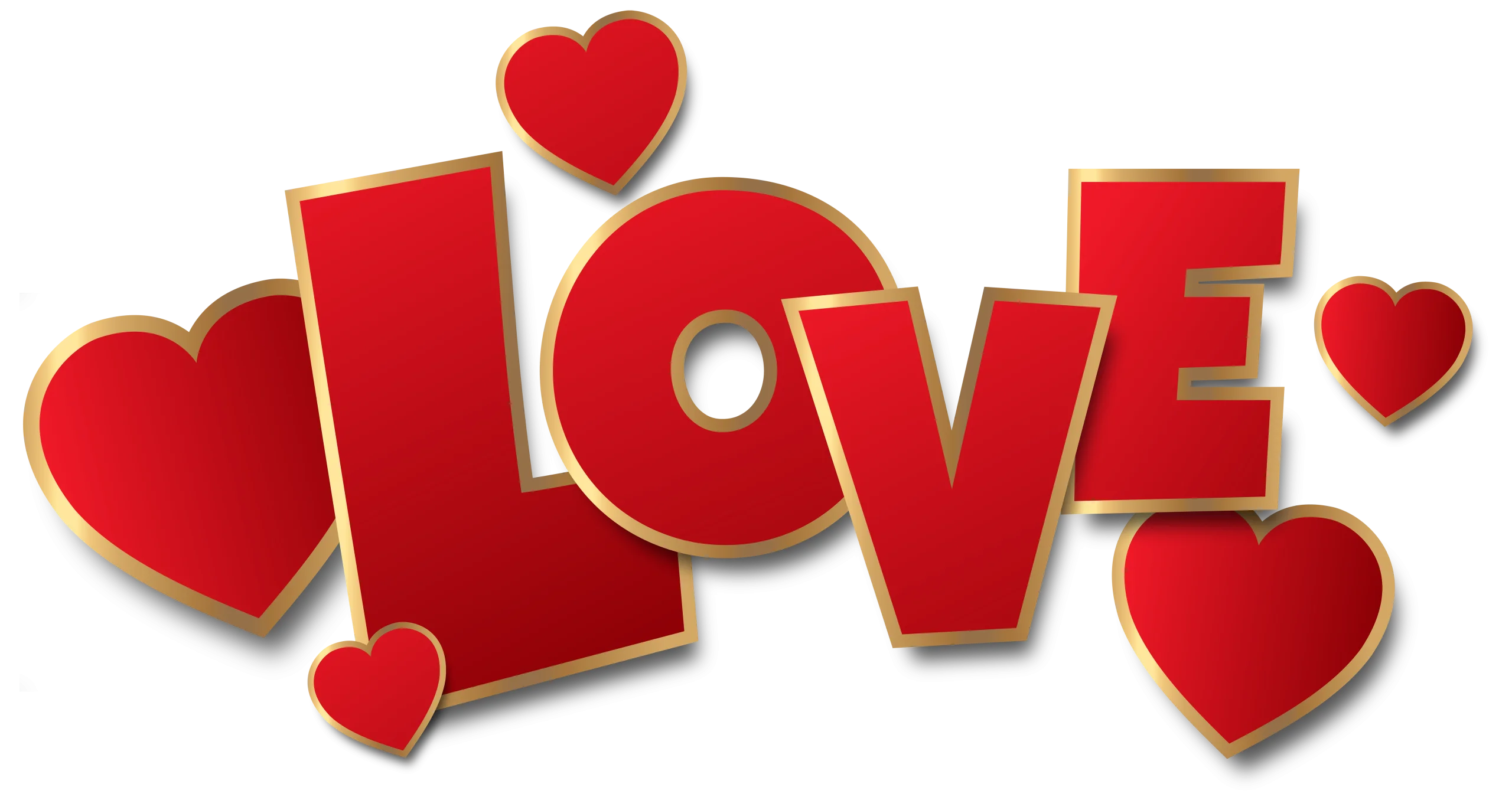Heartwarming Red and Gold 'Love' Typography Clipart Design with Heart Symbols