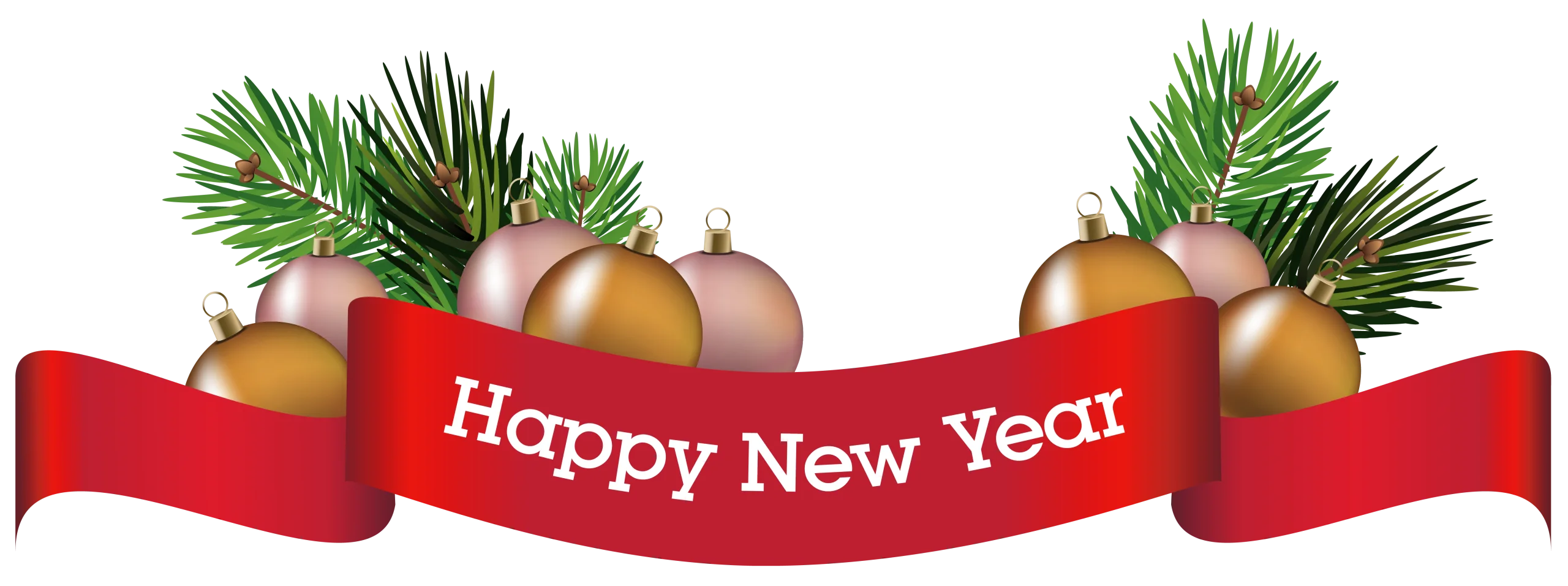 Festive Happy New Year Clipart with Golden Ornaments and Pine Branches