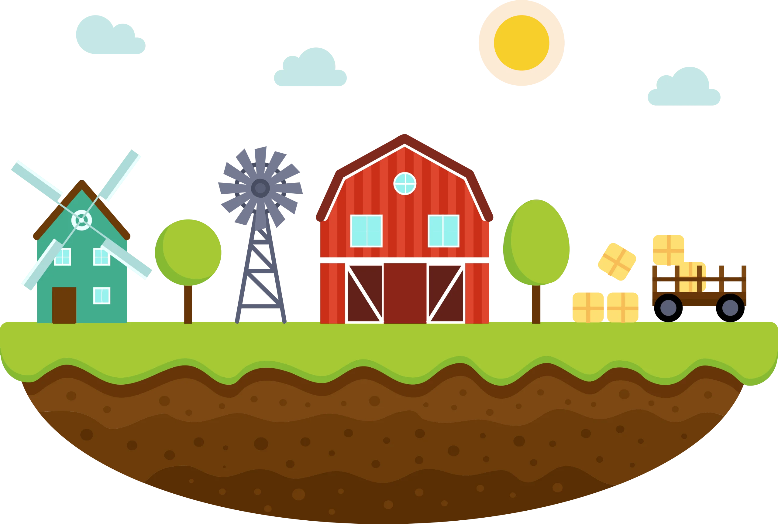 Charming Countryside Farm Landscape Clipart with Rustic Elements and Rural Scenery