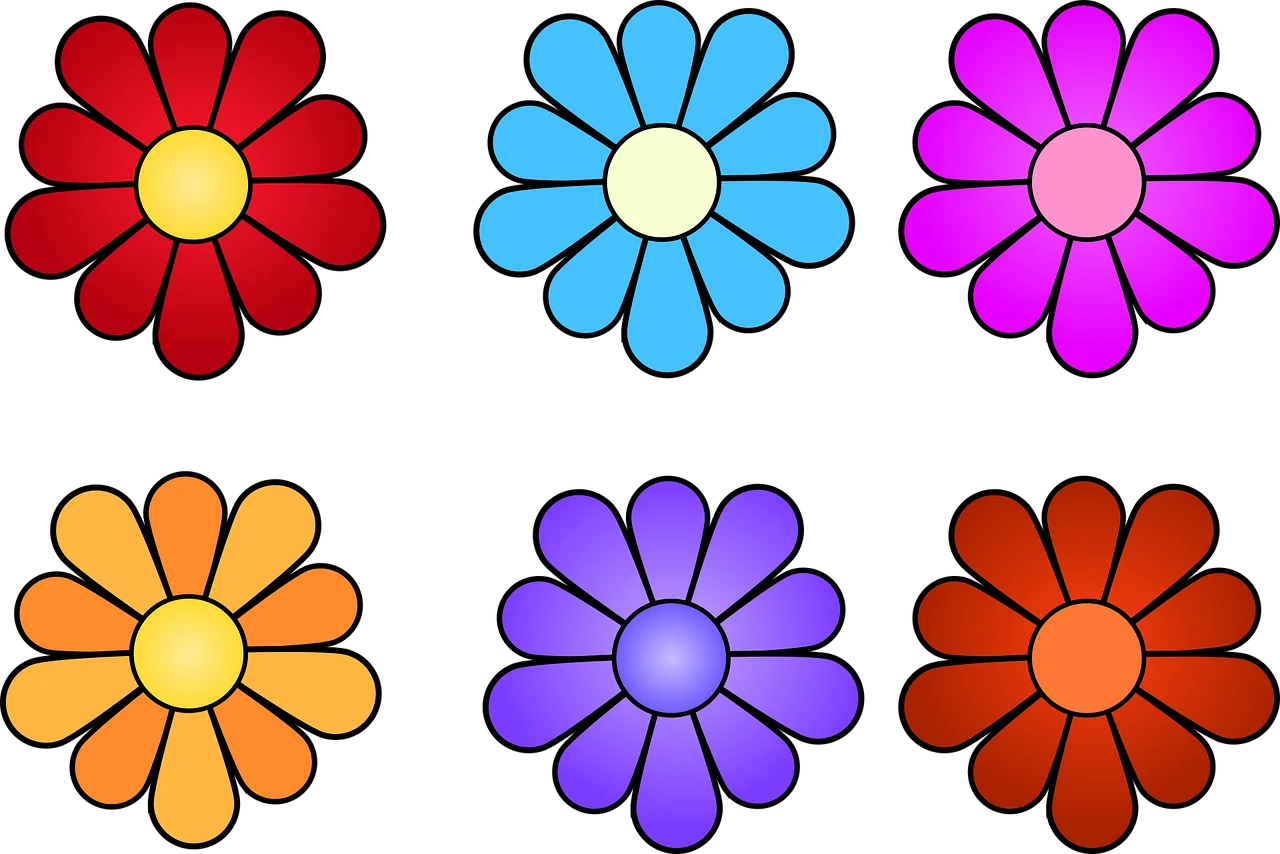 Cheerful Blossoming Clipart: Six Colorful Symmetrical Flower Designs