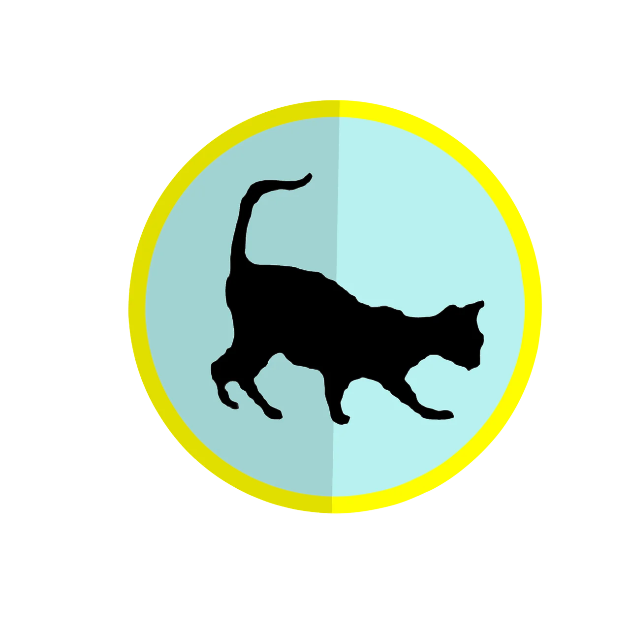 Sleek Black Cat Silhouette Walking Across Soft Blue Circular Clipart Design