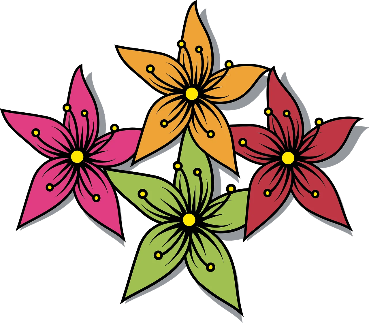 Whimsical Blossoming Flower Clipart with Bold Color Palette Design