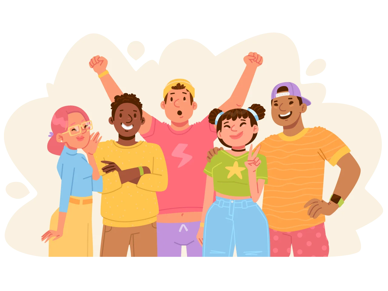 Diverse Group of Cheerful People Celebrating Unity in Playful Cartoon Clipart Style