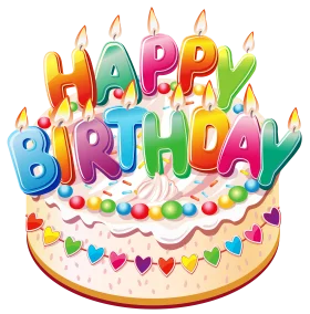 Cheerful Cartoon Happy Birthday Cake Clipart with Colorful Balloon Letters