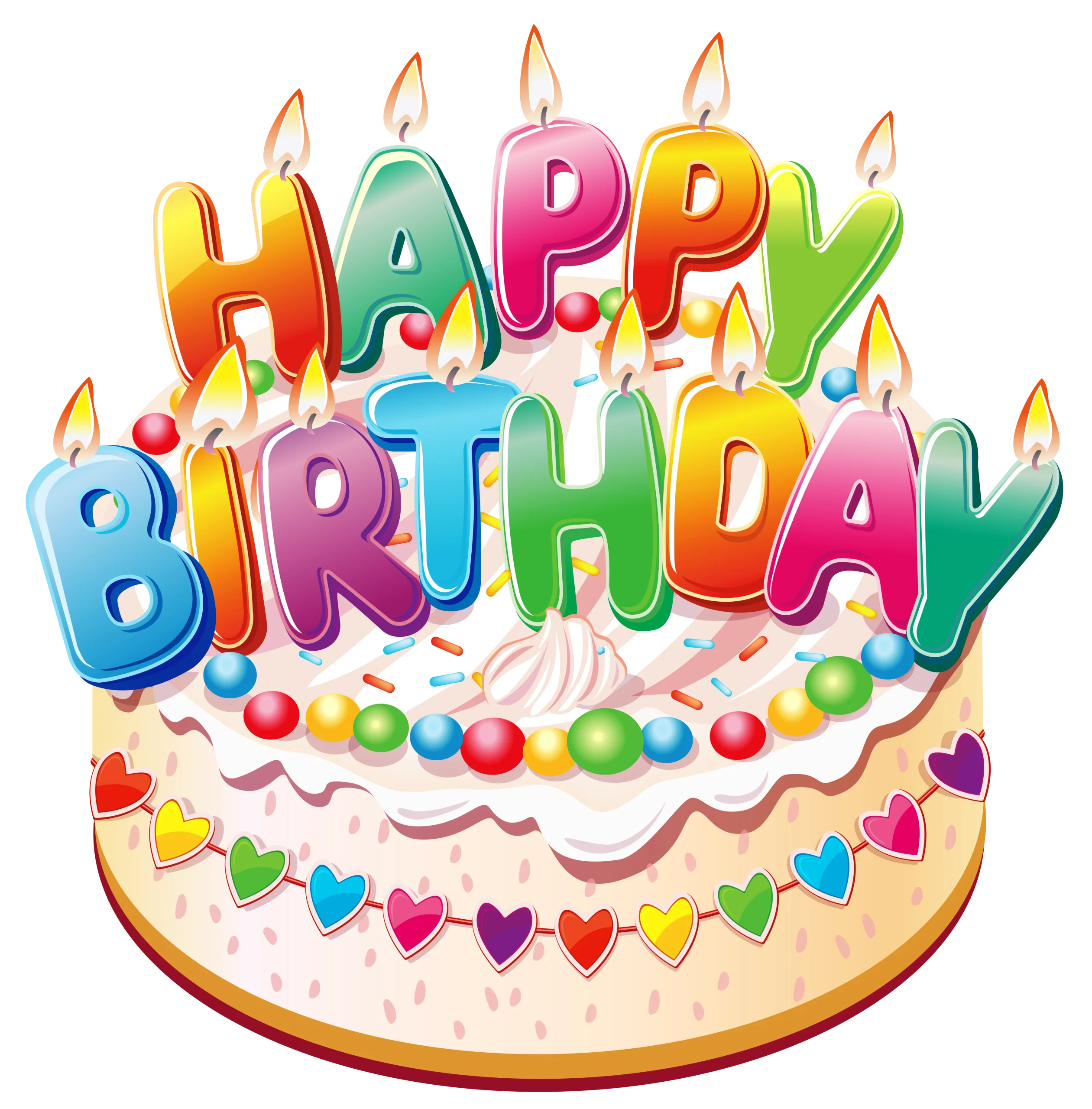 Cheerful Cartoon Happy Birthday Cake Clipart with Colorful Balloon Letters