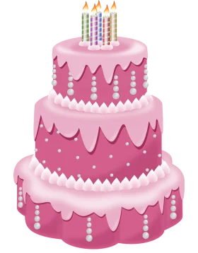 Elegant Three-Tier Pink Birthday Cake Clipart with Pastel Candles and Pearl Decorations