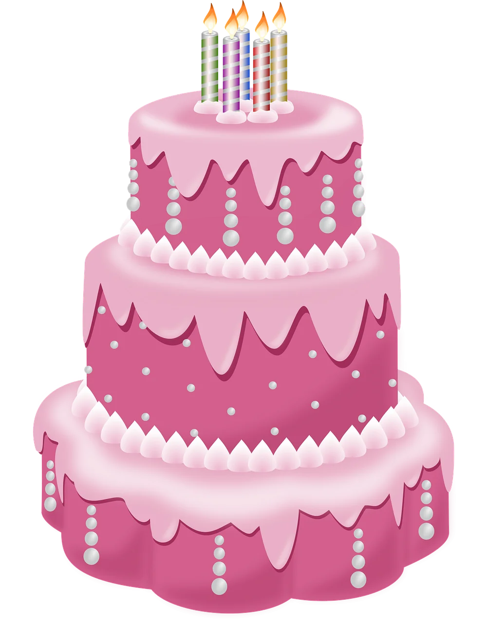 Elegant Three-Tier Pink Birthday Cake Clipart with Pastel Candles and Pearl Decorations