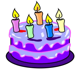 Festive Birthday Cake Clipart with Colorful Candles and Purple Frosting Design