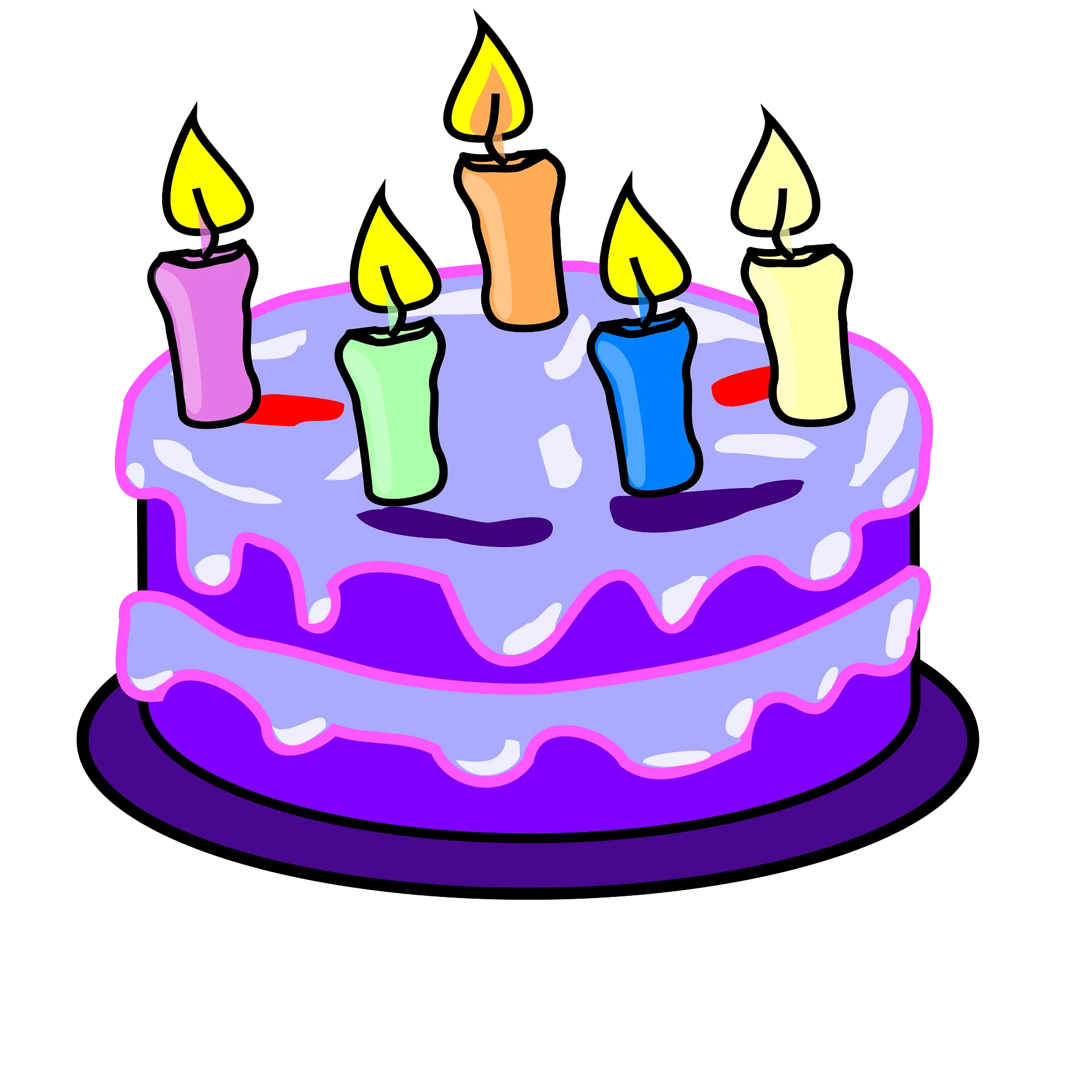 Festive Birthday Cake Clipart with Colorful Candles and Purple Frosting Design