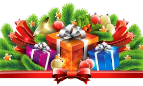 Festive Christmas Gift Clipart with Colorful Presents and Pine Branches