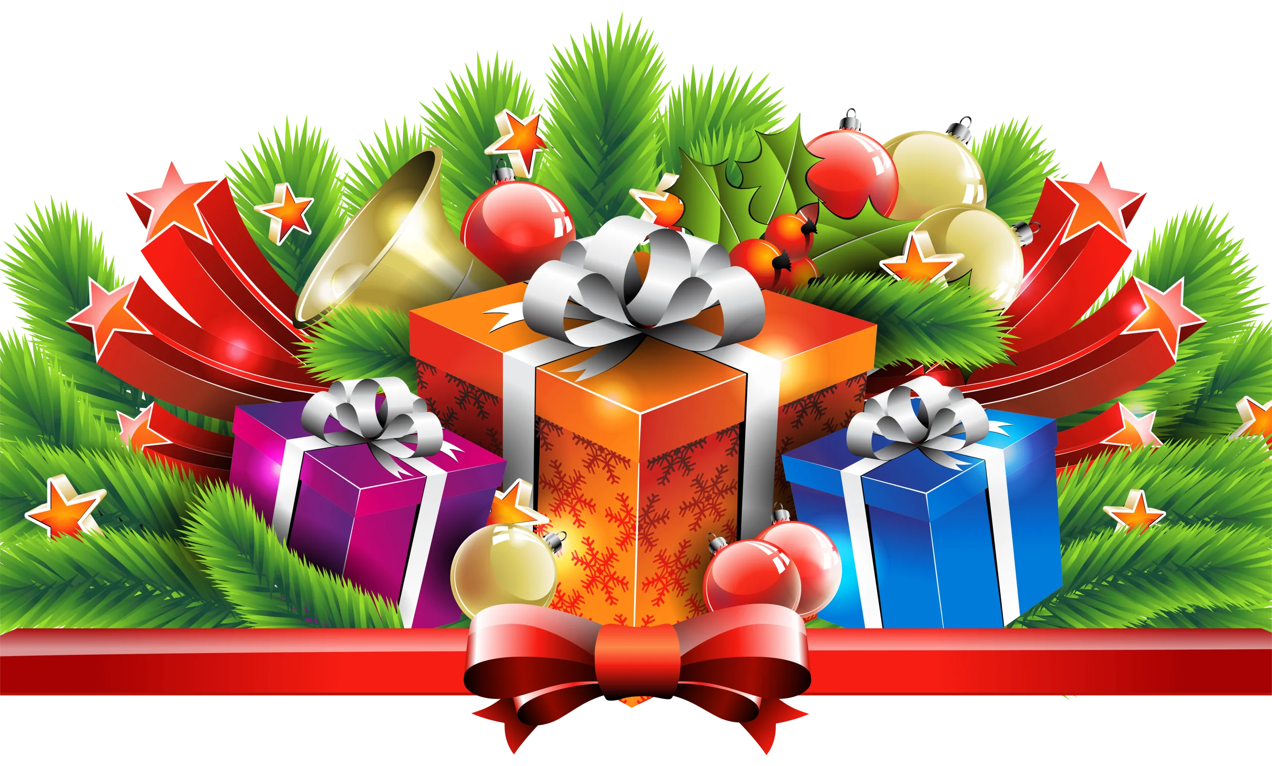 Festive Christmas Gift Clipart with Colorful Presents and Pine Branches