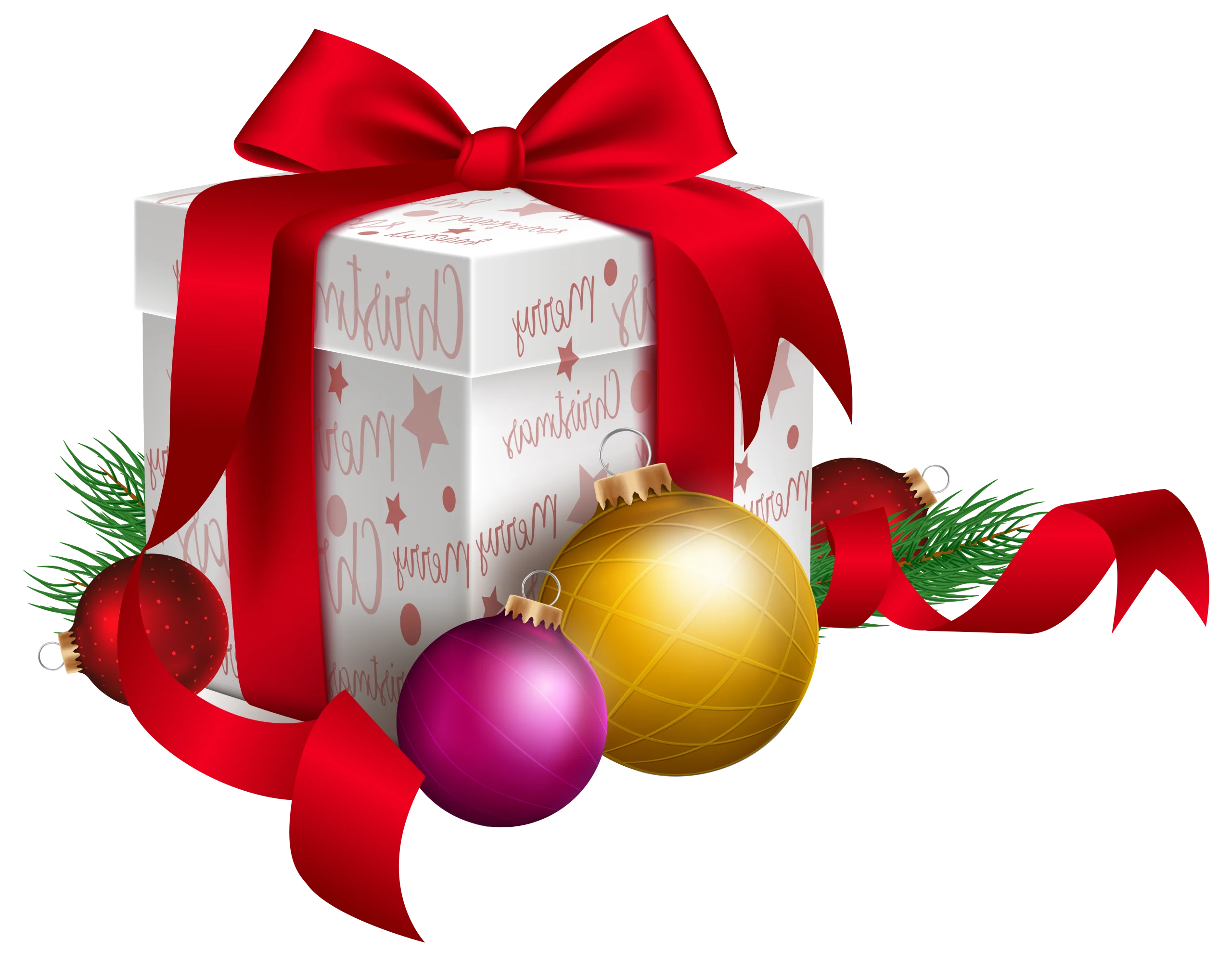 Festive Christmas Gift Clipart with Ornate Wrapped Present and Shiny Baubles