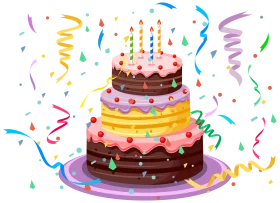 Festive Three-Tier Birthday Cake Clipart with Candles and Celebration Streamers