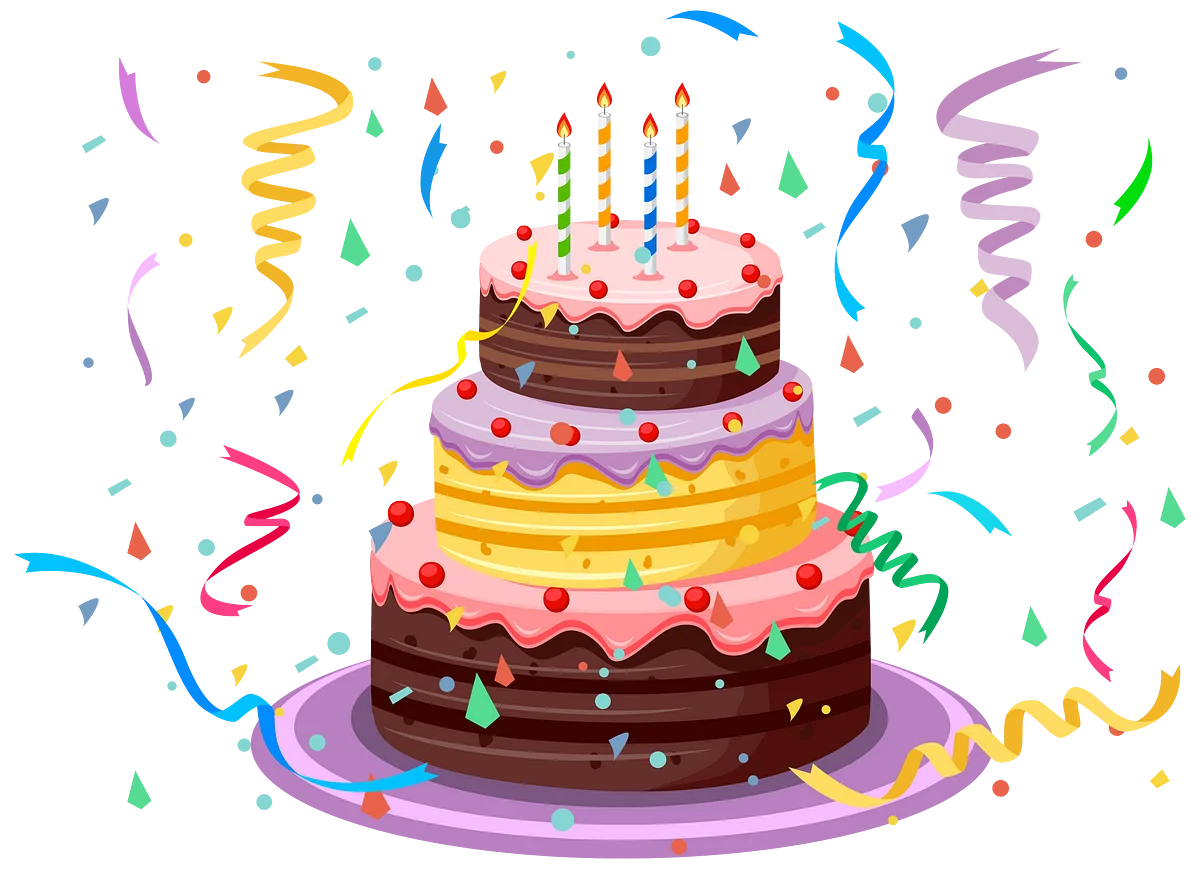 Festive Three-Tier Birthday Cake Clipart with Candles and Celebration Streamers