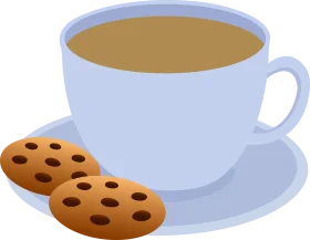 Serene Blue Coffee Cup Clipart with Chocolate Chip Cookies on Soft Background