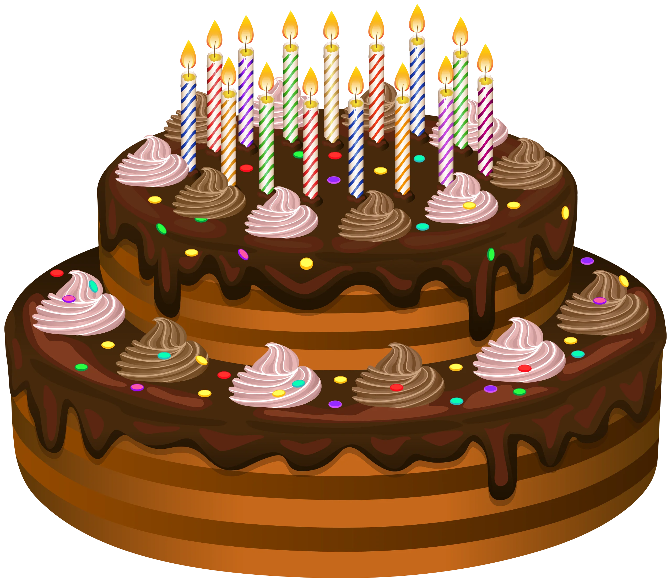Two-Tier Chocolate Birthday Cake Clipart with Colorful Candles and Frosting