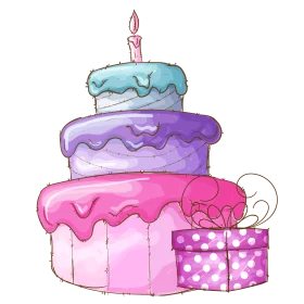 Whimsical Pastel Three-Tier Birthday Cake with Gift Clipart Illustration